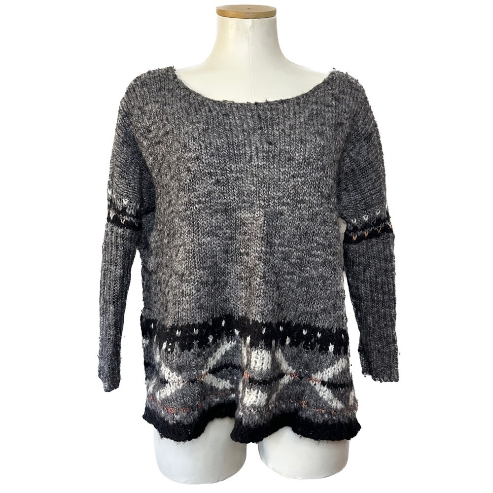 Free People Wool Mohair Mixed Knit Southwestern Sweater Boho Marled Grey XS